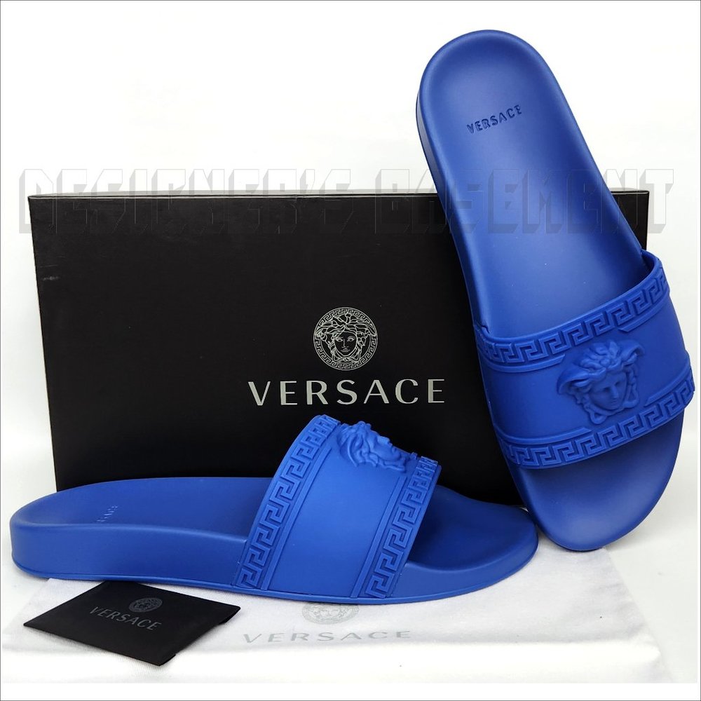 VERSACE men 42 EU - 9 US Royal Blue Rubber Medusa head FLIP-FLOP slide sandals